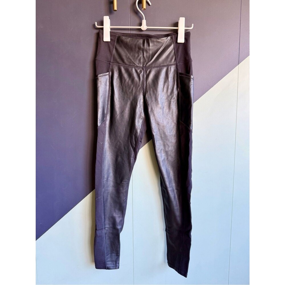 Athleta High Rise Gleam Chaturanga Tight, Faux Leather Front w/Pockets, Sz S
